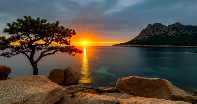 A quiet sunrise over the island where John lives in exile, ultra wide landscape pano with slow push, rosy morning light, isolated and serene.