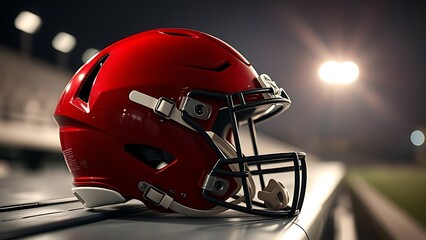 Fototapeta premium American football helmet resting on bench with dramatic stadium lighting in the background.