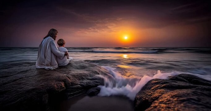 A gentle vision where Jesus appears beside John at twilight on the shore, two-shot slow dolly inward, luminous rim light and haze, comforting and miraculous &mdash; non-flashy.