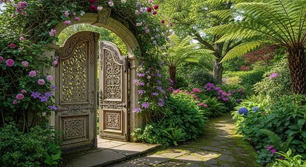 Ornate Wooden Gate Opens to a Sunlit Garden Path