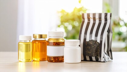 Assorted supplements and tea blend in a striped bag on a bright table
