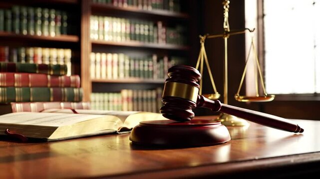 Wooden Gavel Scales and Open Book on Brown Wooden Table in a Law Library