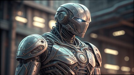 Detailed Chrome Exosuit with Visible Circuitry and Modern Design