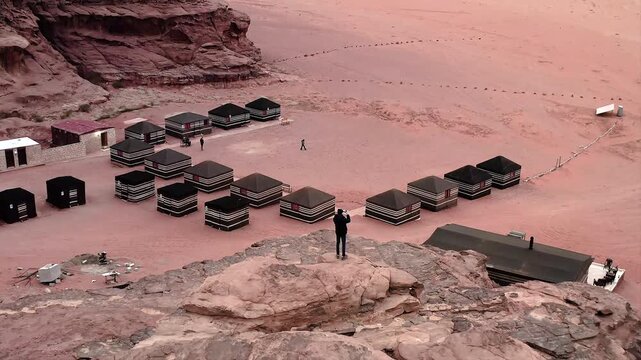 Aerial view of the arrival at one of the Bedouin camps for tourists, in the Wadi Rum desert, Jordan.
