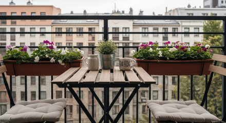 Fototapeta premium Charming Balcony Retreat with Flowers and Cozy Seating Overlooking City Buildings