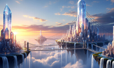 Futuristic Crystal City Floating in the Clouds at Sunset