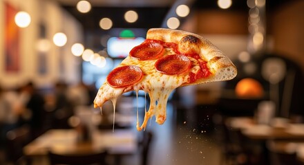 Pepperoni Pizza Slice with Dripping Cheese in Restaurant Ambienc