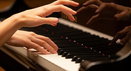 Obraz premium Pianist's hands poised above keys, reflection visible on glossy