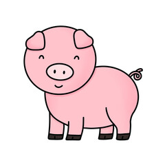Cute pink pig with smiling face and curly tail in simple farm illustration style perfect for children books or educational materials about farm animals and rural life