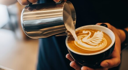 Barista Pouring Milk Into Swirling Coffee Latte Art in Coffee Shop