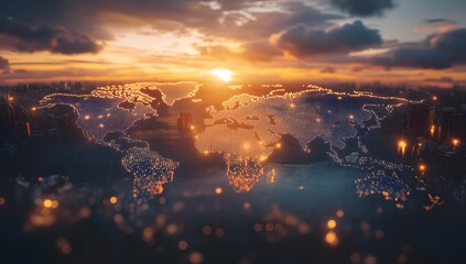 A global map with glowing connections between cities, representing the reach of technology and digital communication across diverse areas of the planet Earth. 