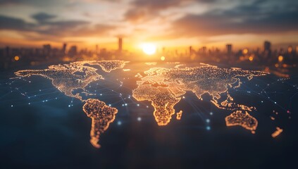 A global map with glowing connections between cities, representing the reach of technology and digital communication across diverse areas of the planet Earth. 