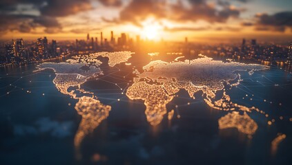 A global map with glowing connections between cities, representing the reach of technology and digital communication across diverse areas of the planet Earth.