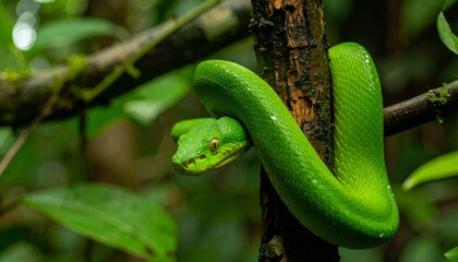 Green snake coiled around a tree branch in a lush forest.