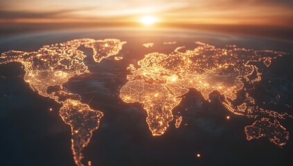A global map with glowing connections between cities, representing the reach of technology and digital communication across diverse areas of the planet Earth.