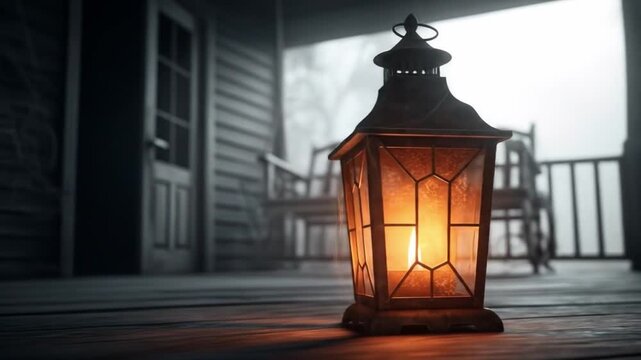 A vintage lantern with a lit candle on a porch a bench and a door in the background