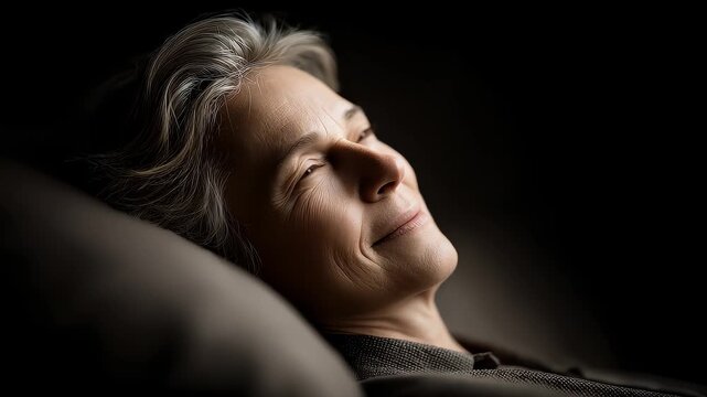 Silver-haired woman peacefully closes her eyes to relax