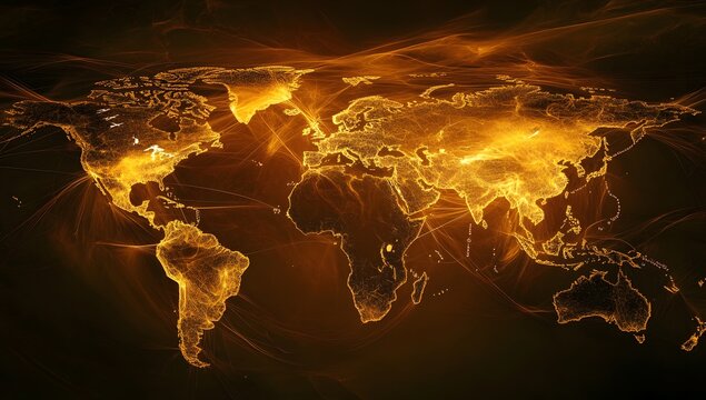A global map with glowing connections between cities, representing the reach of technology and digital communication across diverse areas of the planet Earth. - Powered by Adobe