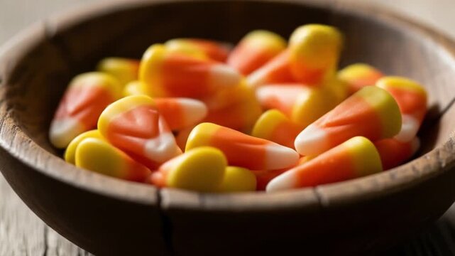 A wooden bowl overflows with candy corn displaying the iconic yellow orange and white colors resting on a weathered wooden surface