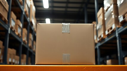 Sealed cardboard box placed on a warehouse shelf, representing simplicity and industrial functionality.