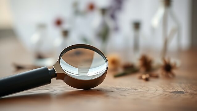 A magnifying glass on a wooden surface with blurred botanical specimens in the background.