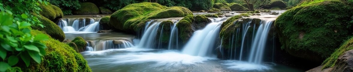 Obraz premium Serene waterfall cascading over mossy rocks, creating a tranquil and relaxing atmosphere Perfect for meditation, spa, or nature themes Enjoy the peaceful sounds of nature , cascading water, quiet