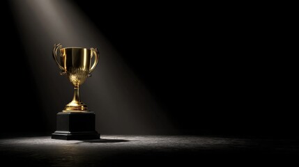 Golden trophy under spotlight glowing in darkness symbolizing success, victory, championship award, recognition, excellence, and outstanding performance in sports or competitions