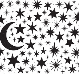 Whimsical hand drawn crescent moon and starry night sky pattern with various star shapes and sizes © Designer-CHAN