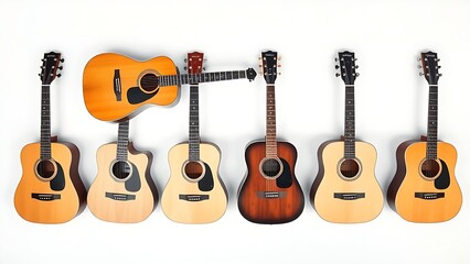 Fototapeta premium Six acoustic guitars neatly arranged in a row on a clean white background.