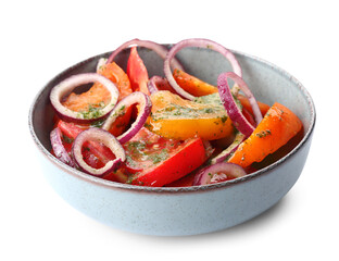 Bowl of fresh tomato salad with red onion on white background