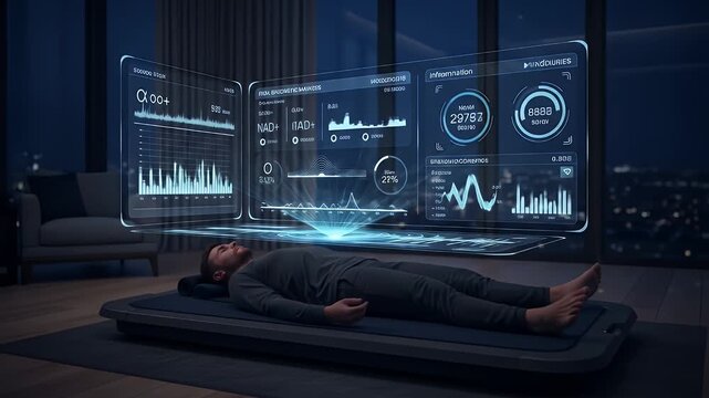 Man lying on futuristic mat with holographic health data projections