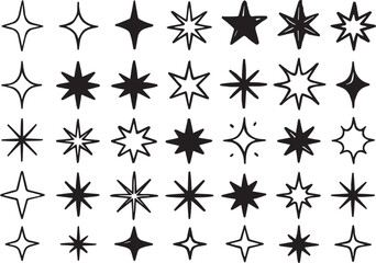 Collection of hand drawn starbursts and sparkle icons in various styles and sizes on a white background