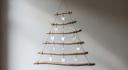 Unique Handmade Rustic Driftwood Christmas Tree Decoration Featuring Various Ornaments and Twine Hangers