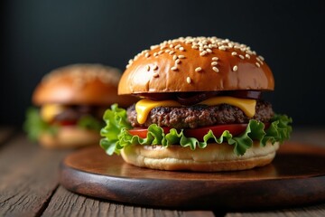 Close-up image of gourmet burger with layers of ingredients and sesame bun on dark rustic surface