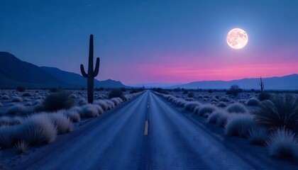 Dreamy desert highway under a vibrant moonlit twilight sky with iconic saguaro cactus
