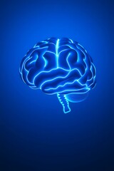 Illuminated human brain with glowing lines on blue backdrop representing intelligence and innovation concepts