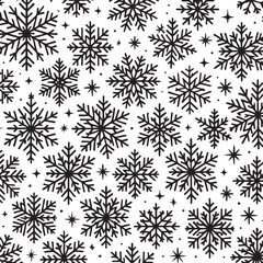 Intricate black snowflake patterns with subtle sparkling star accents on a clean white background for winter holidays