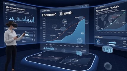 Woman using VR headset interacting with futuristic financial data screens - Powered by Adobe