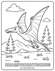 A rhamphorhynchus flying reptile coloring page with landscape and cloud illustration © Shanto