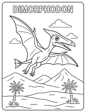 A dimorphodon coloring page with mountains and palm trees in a simple line drawing
