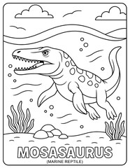 Obraz premium A mosasaurus marine reptile in an underwater scene coloring page with seaweed and rocks