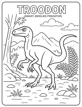 A troodon dinosaur coloring page with mountains and trees in a simple line drawing