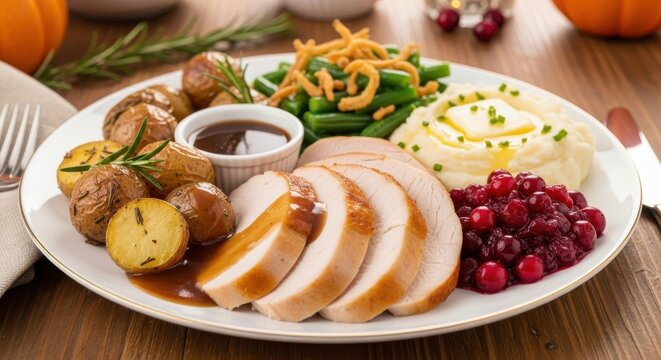 Delicious Thanksgiving Dinner Platter with Sliced Turkey Mashed Potatoes and Cranberry Sauce