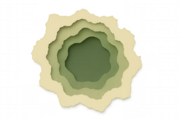 Paper layers in green and beige forming circular abstract pattern against transparent checkered surface