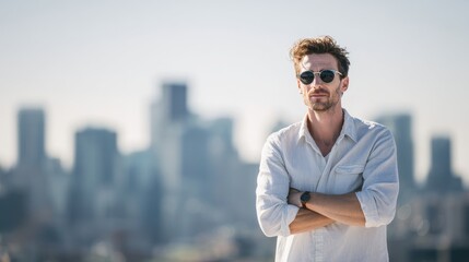 Stylish man wearing sunglasses standing against blurred cityscape background symbolizing urban confidence, modern business lifestyle, leadership, success, and contemporary professionalism