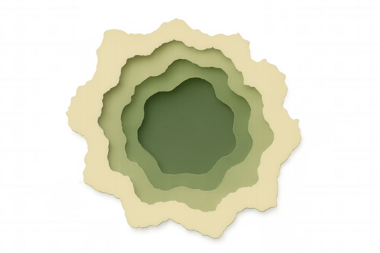 Paper layers in green and beige forming circular abstract pattern against transparent checkered surface