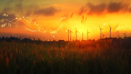 A digital graph with upward-trending lines and green arrows, overlaid showing wind turbines in the background,