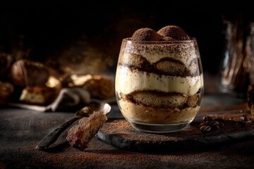 Delicious glass of layered tiramisu dessert with cocoa topping on rustic dark background, representing Italian cuisine, sweet indulgence, gourmet dining, and elegant dessert culture