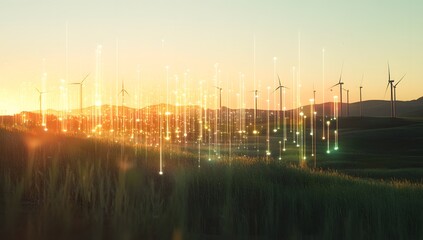 A digital graph with upward-trending lines and green arrows, overlaid showing wind turbines in the background,