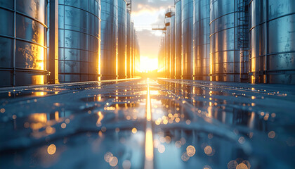 Industrial Tanks at Sunset: A striking perspective captures the grandeur of massive industrial tanks bathed in the radiant glow of the setting sun.
